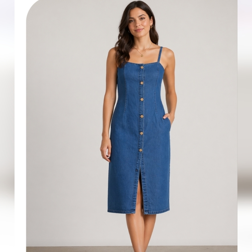 NEXT Denim Jean Button Detail Front Slit Strappy Dress Medium
